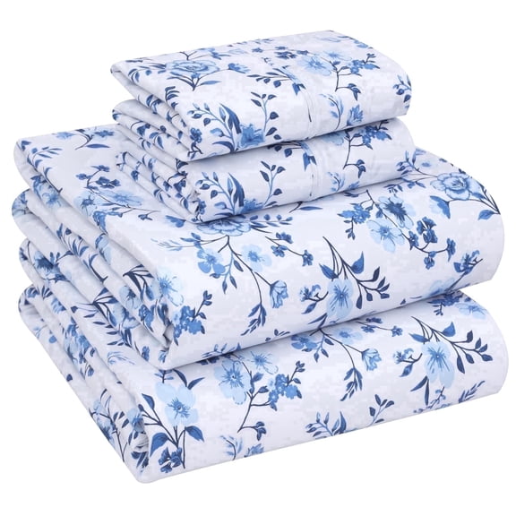 RUVANTI 100% Cotton Sheets – Full Size Percale Bedding, Cooling & Breathable Floral Design, Durable with a Crisp, Soft & Comfortable Feel, 16" Deep Pocket, 4-Piece Set, Annual