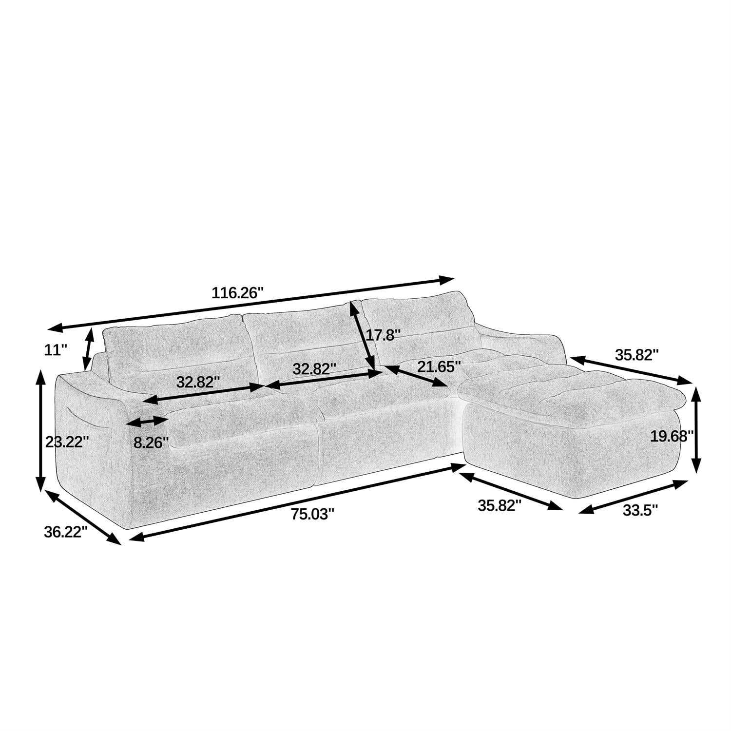 Demi Bonn 116" Modern L-Shaped Modular Sofa, Comfortable Beanbag Style, Stylish Lazy Couch for Living Rooms and Relaxation, Blue