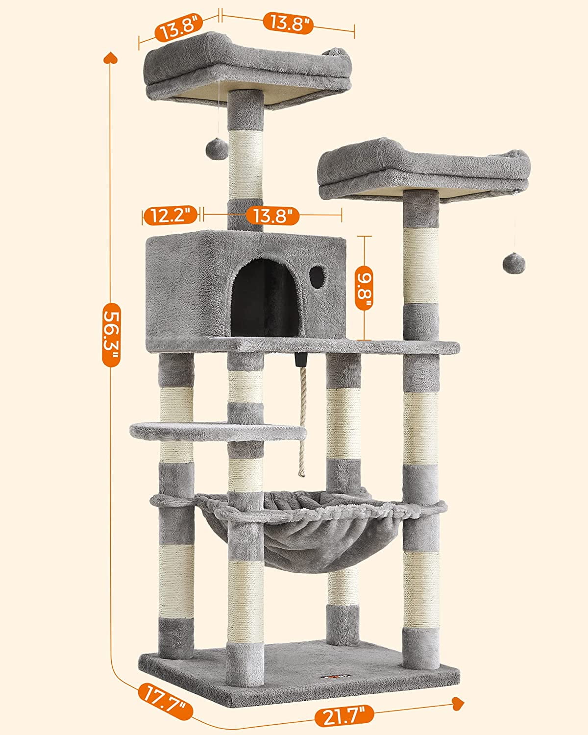 56.3" Cat Tree Cat Tower Cat Condo with Scratching Posts for Indoor Cats Light Gray