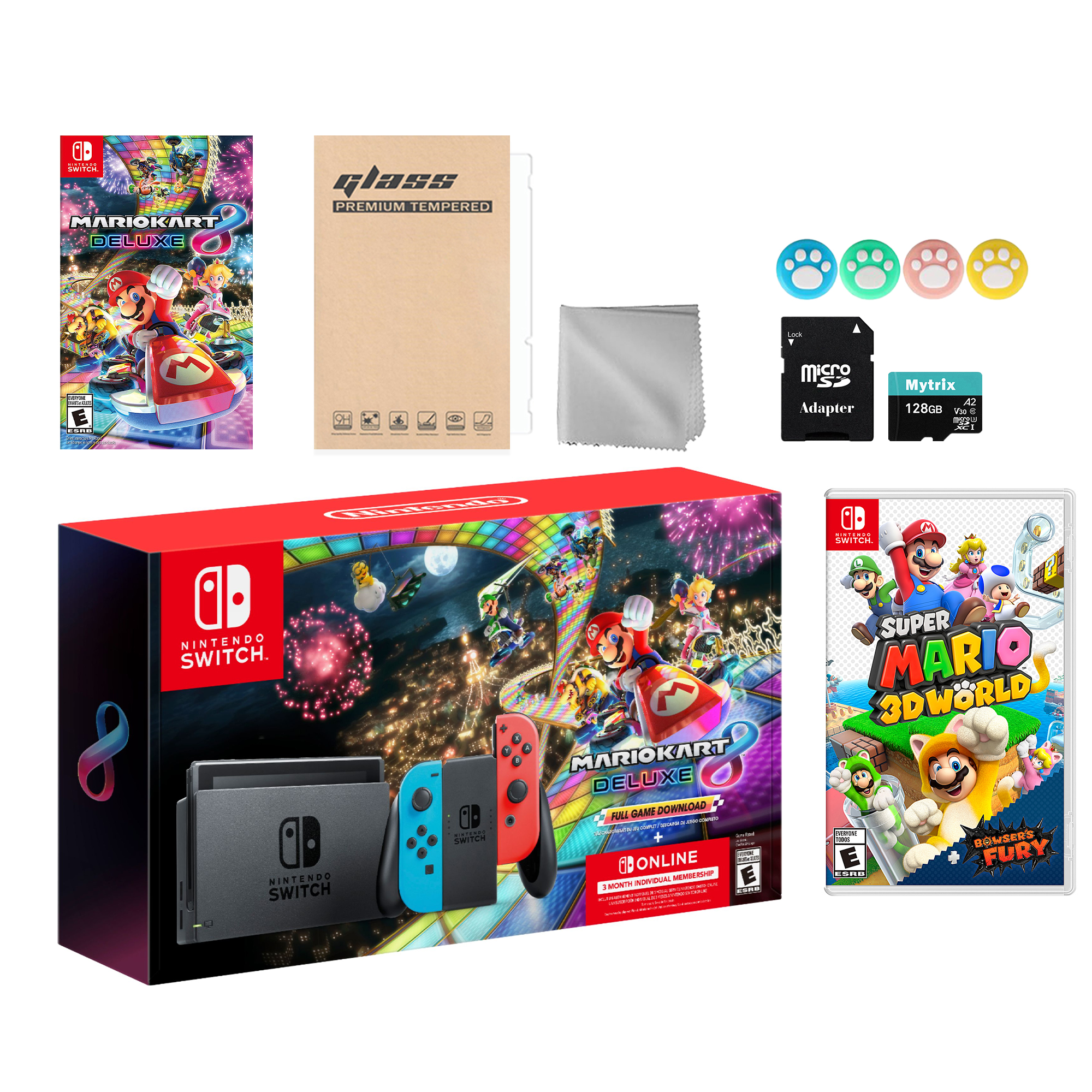 Nintendo Switch Mario Kart Deluxe Bundle: Red/Blue Console, Mario Kart  Membership, Super Mario 3D World Bowser's Fury, Mytrix 128GB MicroSD