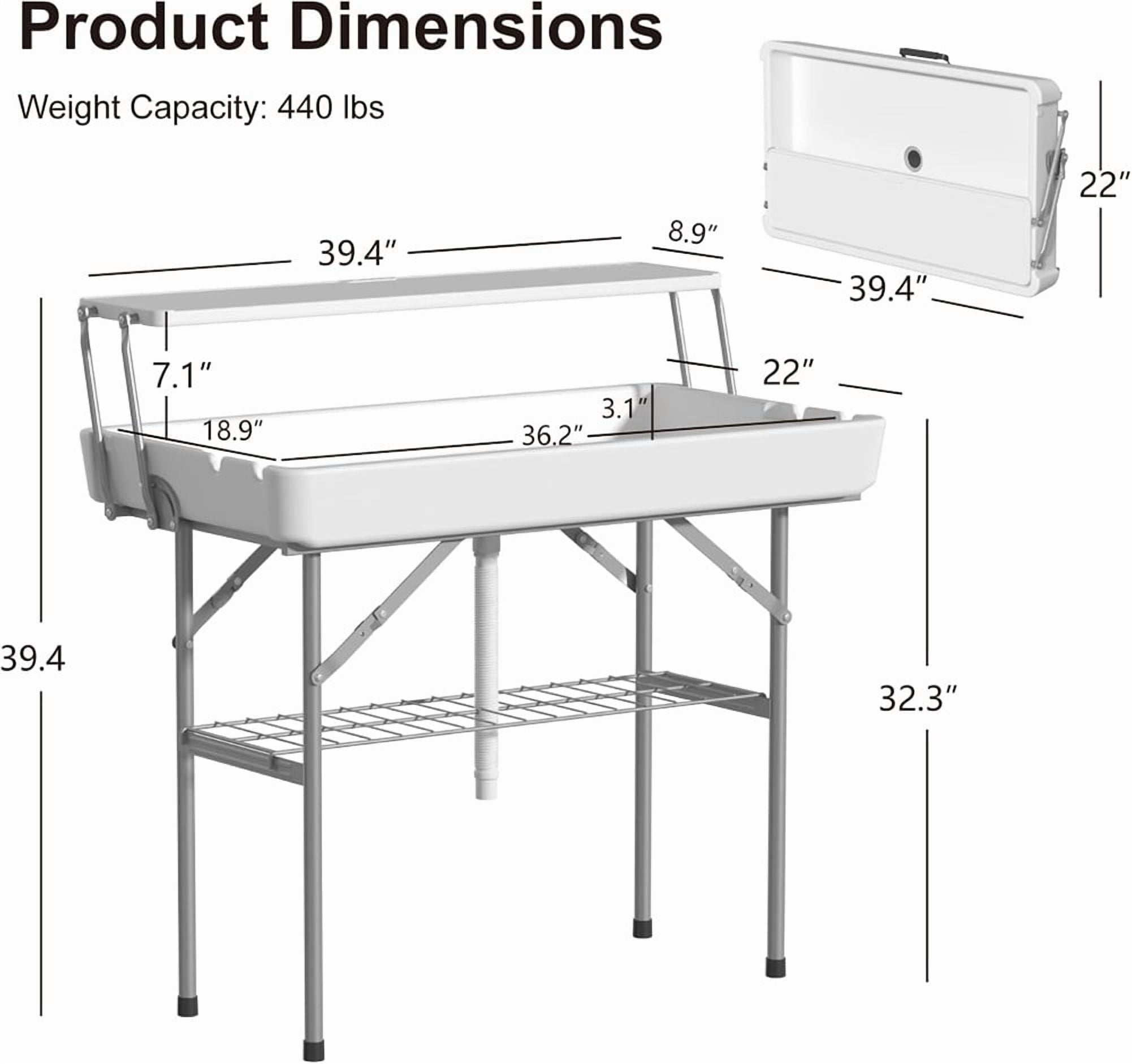 Ataucjin Outdoor Ice Cooler Folding Table with Drain, Two-Tier Ice Tables with Removable Skirt and Extra Storage Shelf, Indoor Outdoor Use for Events, Parties, Wedding, Camping, BBQ, White