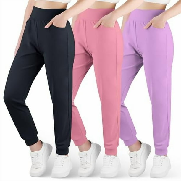 BIG ELEPHANT Pantalones Deportivos Ultrasuaves para Niñas, Pantalones Deportivos para Niños de Cintura Alta con Bolsillos, 3 Pzas (6-15 Años)