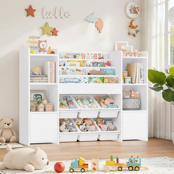 Hiphuta Kids Bookcase Toy Storage Organizer, Wooden Toy Chest for Kids with 6 Removable Toy Boxes, Kids Storage Bookshelf for Home Bedroom Playroom, White