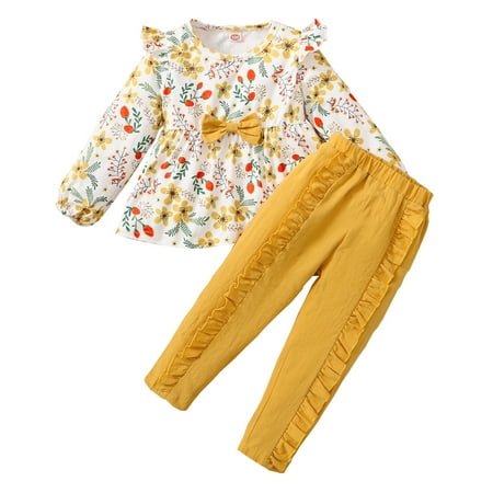 

KIMI BEAR Infant Girls Outfits 12 Months Infant Girls Autumn Outfits 24 Months Infant Girls Sweet Floral Print Long Sleeve T-Shirt + Ruffled Pants 2PCs Set Yellow
