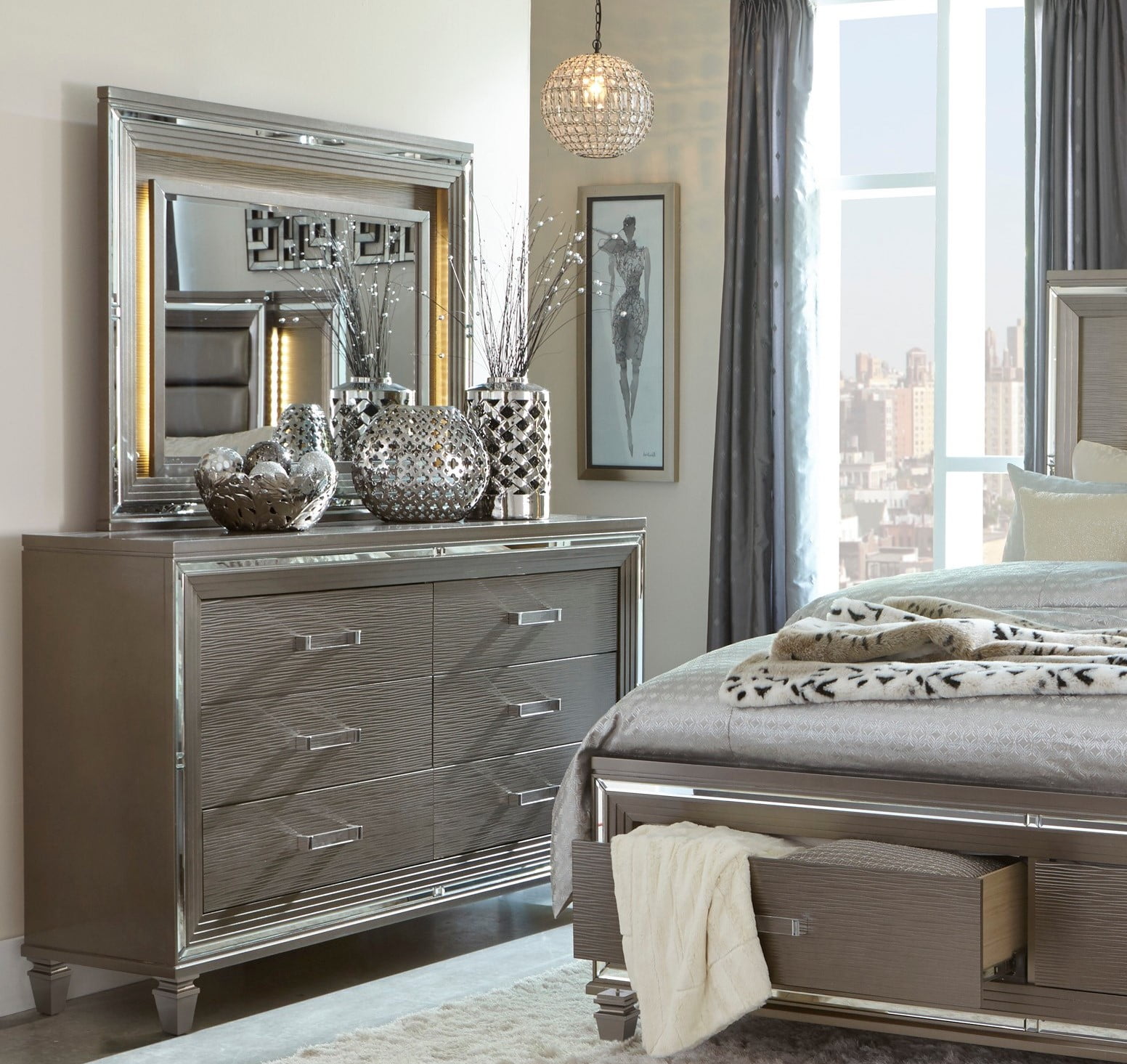 Lonnix silver 2024 finish bedroom set