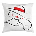 thumbnail image 1 of Lips Throw Pillow Cushion Cover, Lady Wearing a Hat Portrait White Background Black Stroke Contour Drawing, Decorative Square Accent Pillow Case, 16" X 16", Charcoal Grey Vermilion, by Ambesonne, 1 of 2