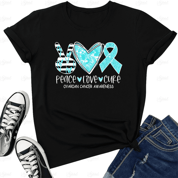 Ovarian Cancer Awareness Teal Ribbon Peace Love Cure Style Unisex T-Shirt V70633, up to size 5XL