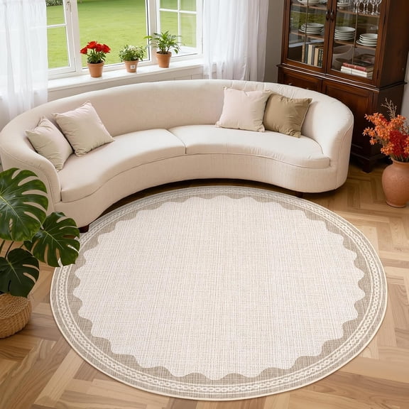 Scalloped Beige 6ft Round Rug Washable Non-Slip Soft Ultra-Thin Small Circle Modern Cottage Core Solid Carpet for Entryway Kitchen Bedroom Nursery Dining Room