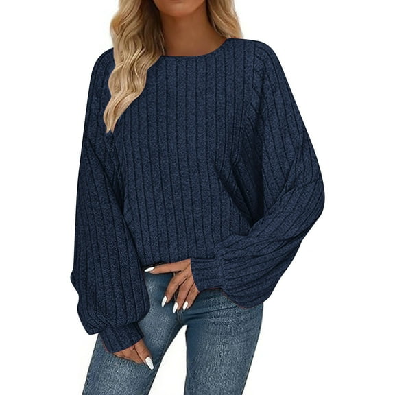 THDHVS Shirts for Women,Womens Long Sleeve T Shirts,Women's Loose Solid Color Round Neck Long Sleeve T-shirt Loose Casual Top Navy L