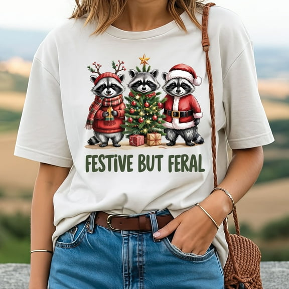 Raccoon Festive But Feral Christmas T-Shirt – Funny Holiday Animal Tee, Cute Xmas Shirt, Cozy Winter Gift for Raccoon Lovers