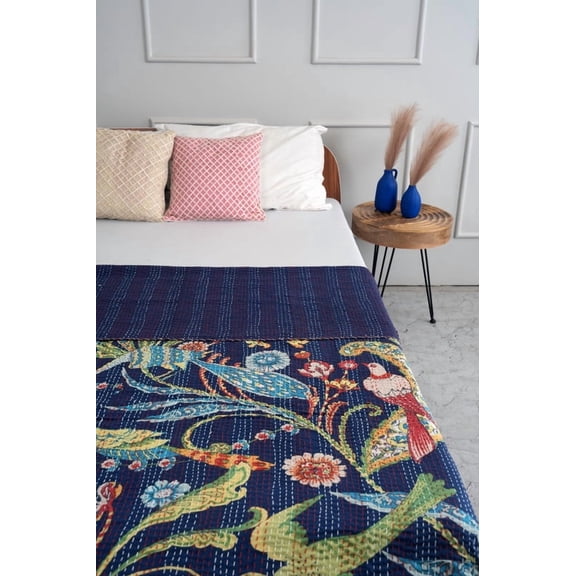 Peacock Kantha Quilt Queen - Blue