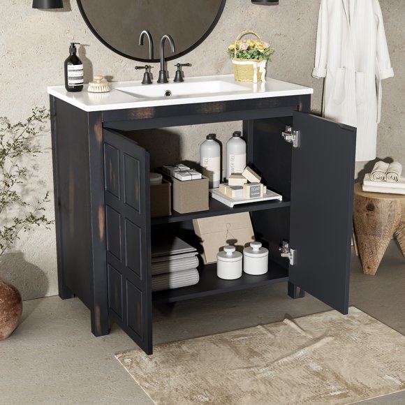 36 " Bathroom Vanity Organizer with Ceramic Sink, Set Bathroom Storage Cabinet, Vintage Espresso,Espresso