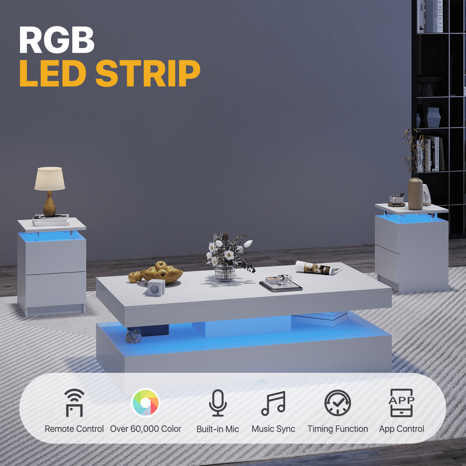 Sonegra 3-Piece Living Room Coffee Table Set, Including A Modern Coffee Table and 2 LED End Tables with Storage Drawers, White