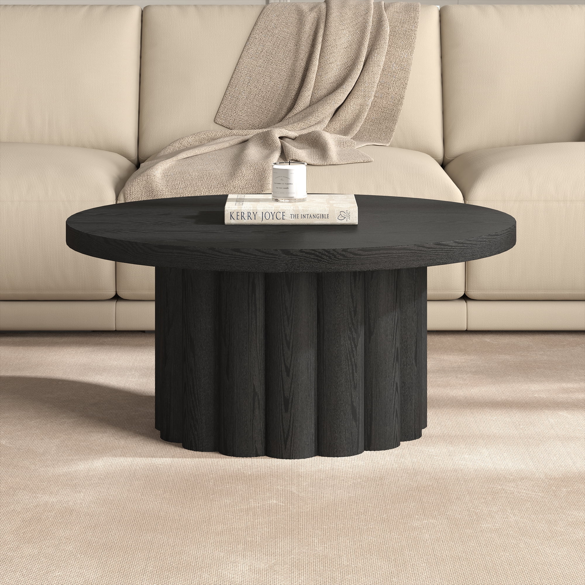 Olie 32" Wide Round Fluted Coffee Table in Black Grain