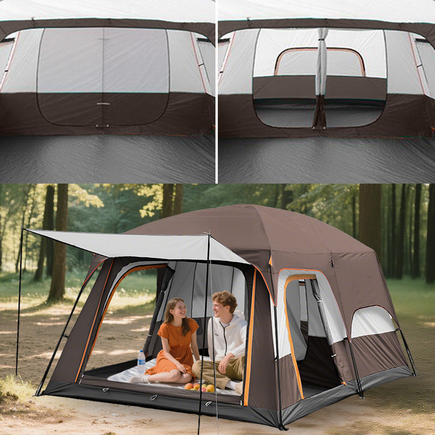 SHIBAILI Carpa Familiar para 12 Personas con Porche, Excelente Ventilación, Impermeable y Espaciosa de Doble Uso para Jardín y Exteriores, Marrón 5