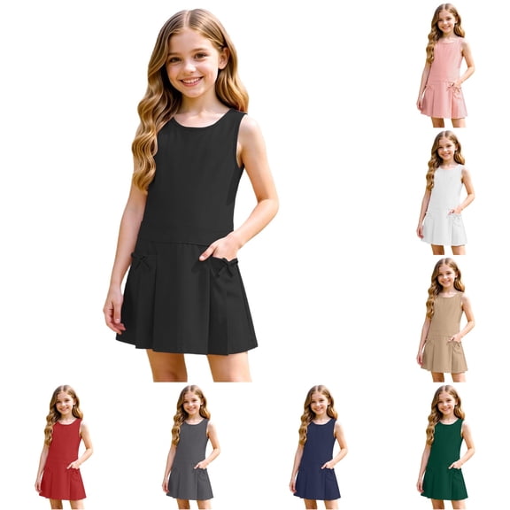 WERYOUNG Toddler Kids Girls Dresses Sleeveless Crewneck Solid Color Back To School Dresses For Girls Soft Sundress 3-4 Years