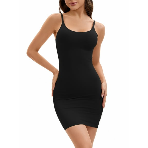 INSPIRE CHIC Women's Adjustable Spaghetti Strap Cami Full Slips Tummy Control Under Dress Nightwear S Black