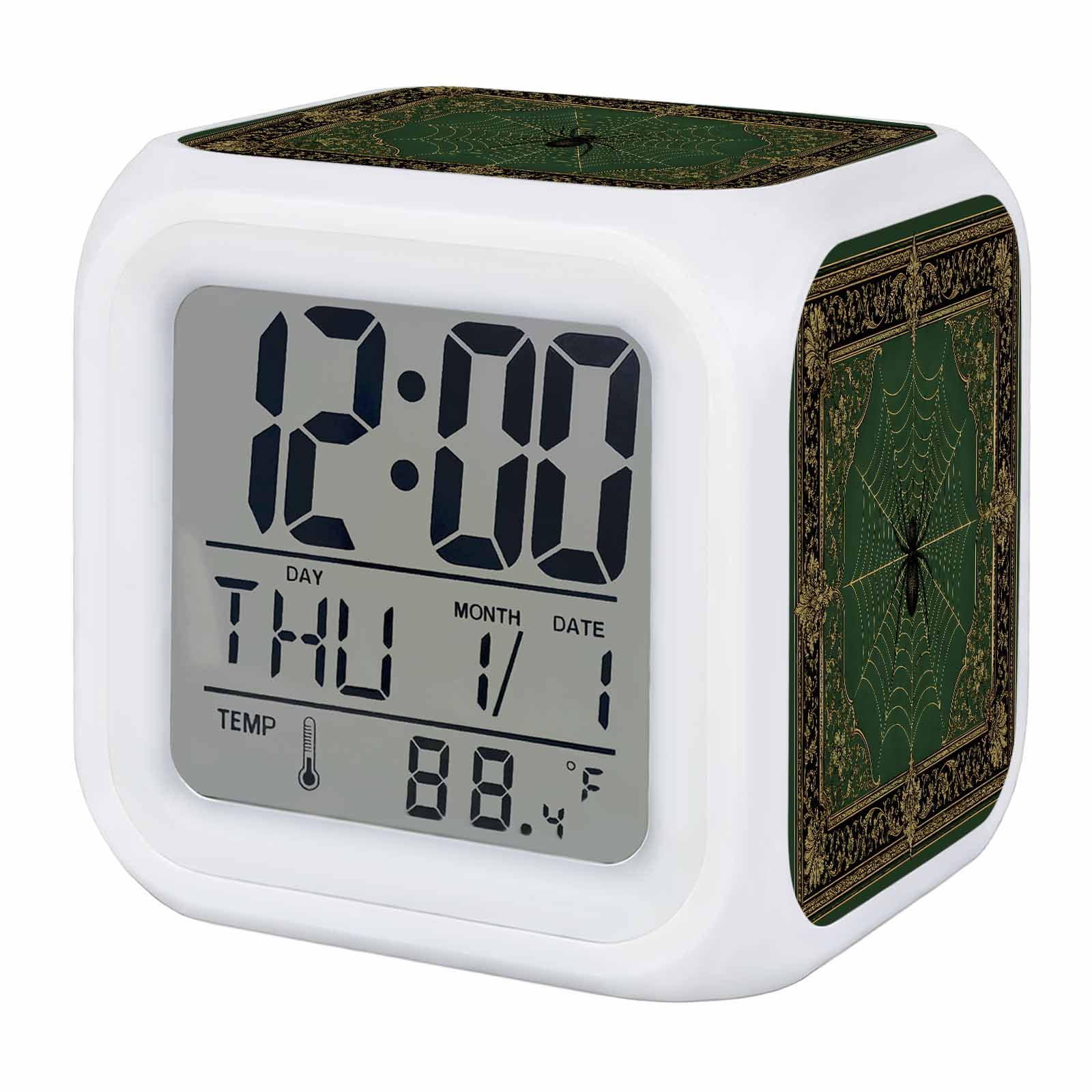 Black Spiders Alarm Clock, Vintage Green Web Insects Laurel Border Antique Gold Digital Clock Night Light with 7 Color, Calendar Temperature Display, LED Desk Small Clock for Bedrooms Living Room