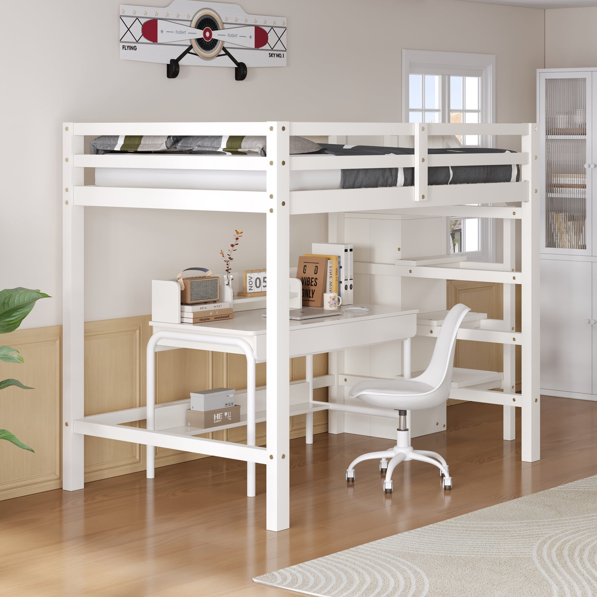 Euroco Wood Full Size Loft Bed with Storage Shelves and Wardrobe, White