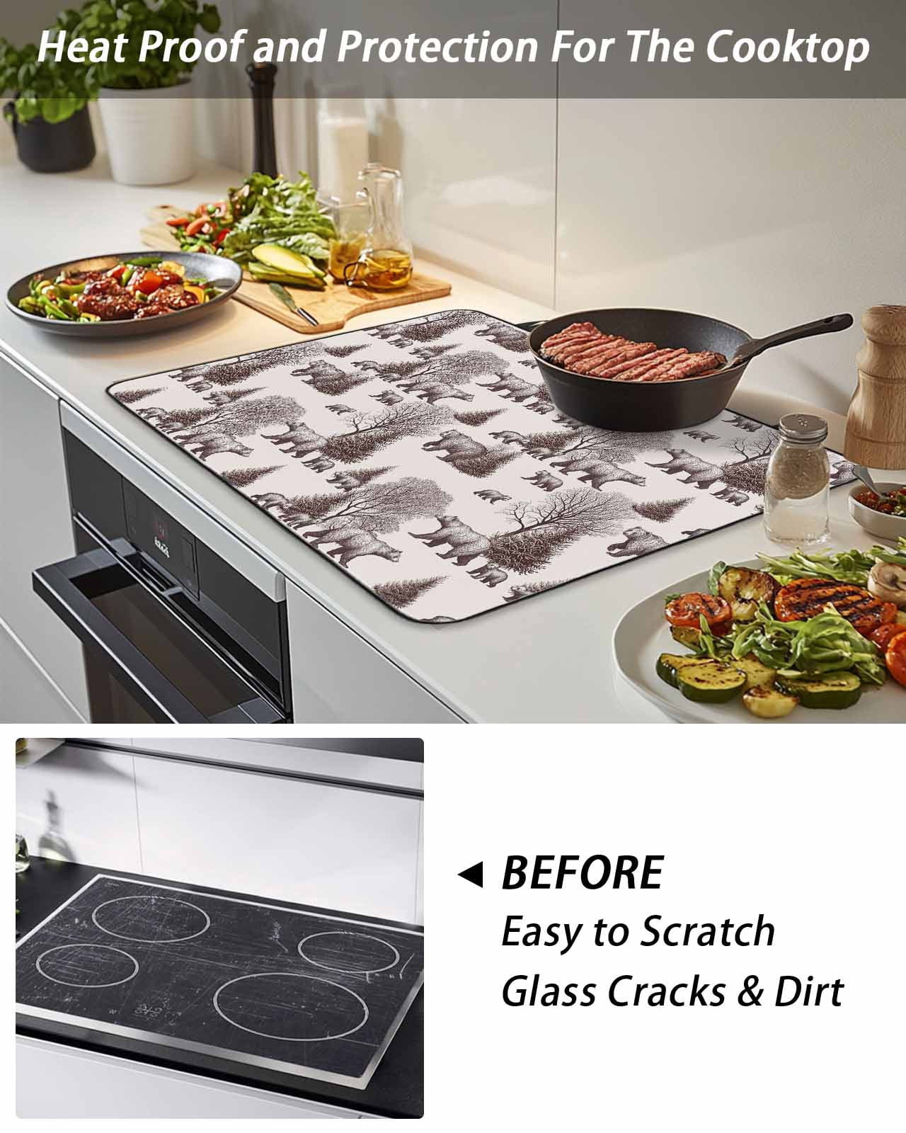 Stove Top Covers for Electric Stove, Brown Bear Glass Stovetop Cover Protector, Hunting Bear Forest Wildlife Animals Vintage Induction Cooktop Protector Oven Mat for Kitchen Countertop 24"x21"
