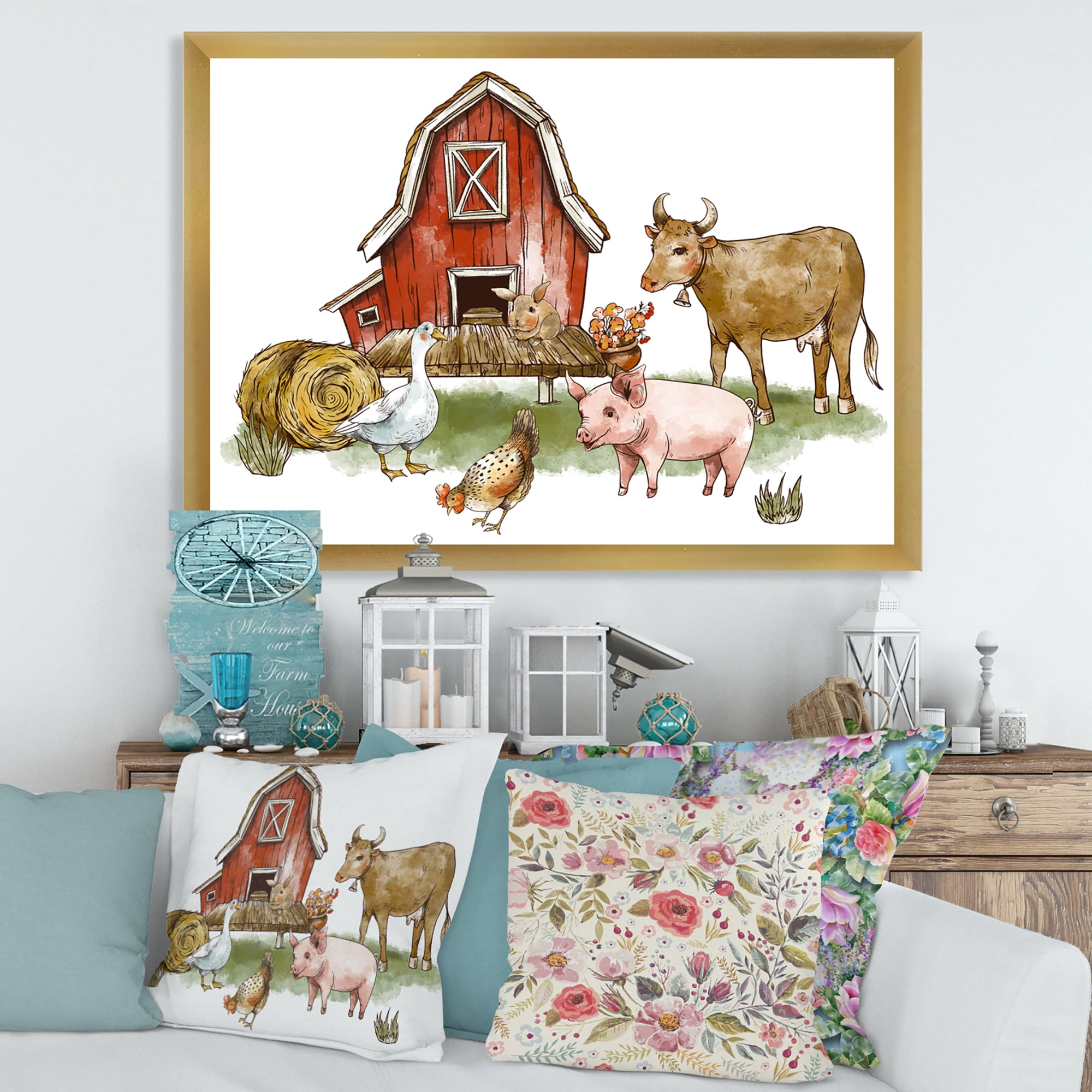Designart 'Farm House With Goose Cow Pig Chicken and Haystack' Rustic Framed Art Print