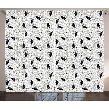 Bulldog Curtains 2 Panels Set, Monochrome Doodle Portraits with Paw Traces Best Friend Animal Lover, Window Drapes for Living Room Bedroom, 108W X 84L Inches, Black White and Pale Grey, by