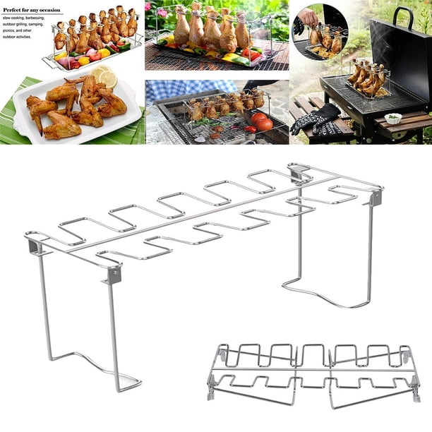 Xihbxyly Parrilla para Muslos de Pollo, Diseño de Acero Inoxidable, Soporte Plegable de 12 Ranuras, Herramienta para Barbacoa, Bandeja Versátil para Jugos, Fácil de Guardar, Ideal para Picnics Al Air