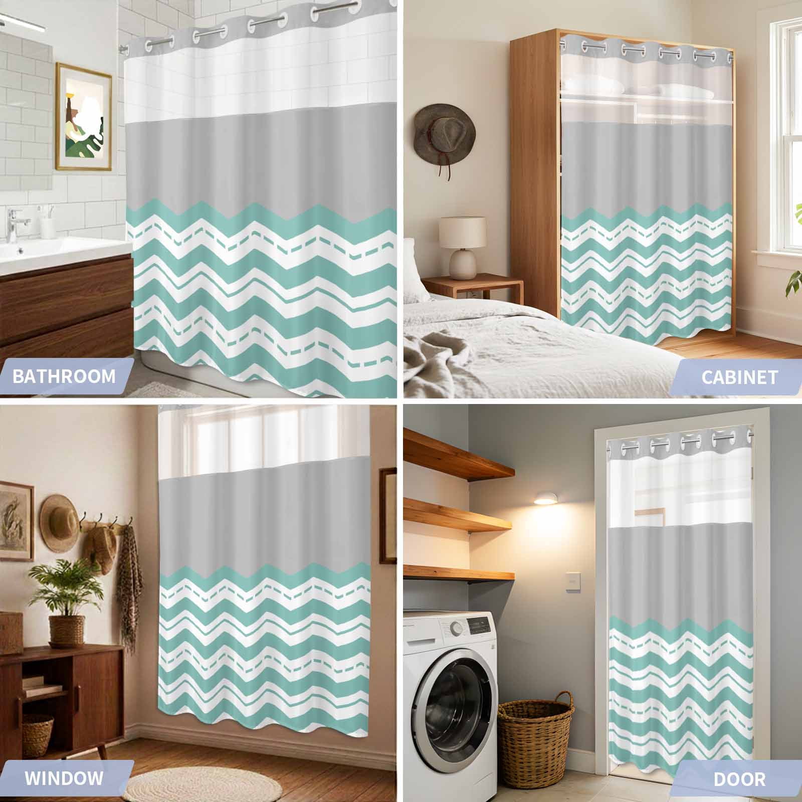 No Hook Shower Curtain Grey Turquoise Waves Shower Curtain for Bathroom Chevron Stripe Bath Curtains Waterproof Fabric with See Through Top Window for Spa Hotel 36x72 Inch