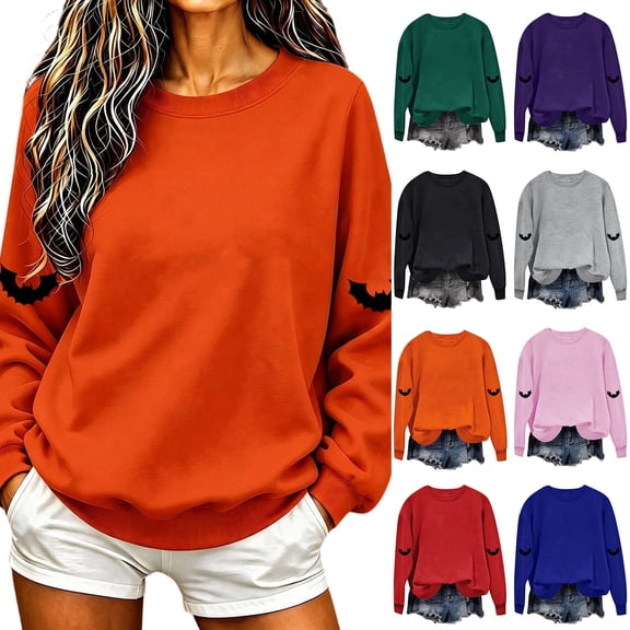 TKLPEHG Womens Halloween Sweatshirt Fashion Halloween Graphic Long Sleeve Crewneck Loose Fit Fall Clothes Casual Comfy Pullover (Black,L)
