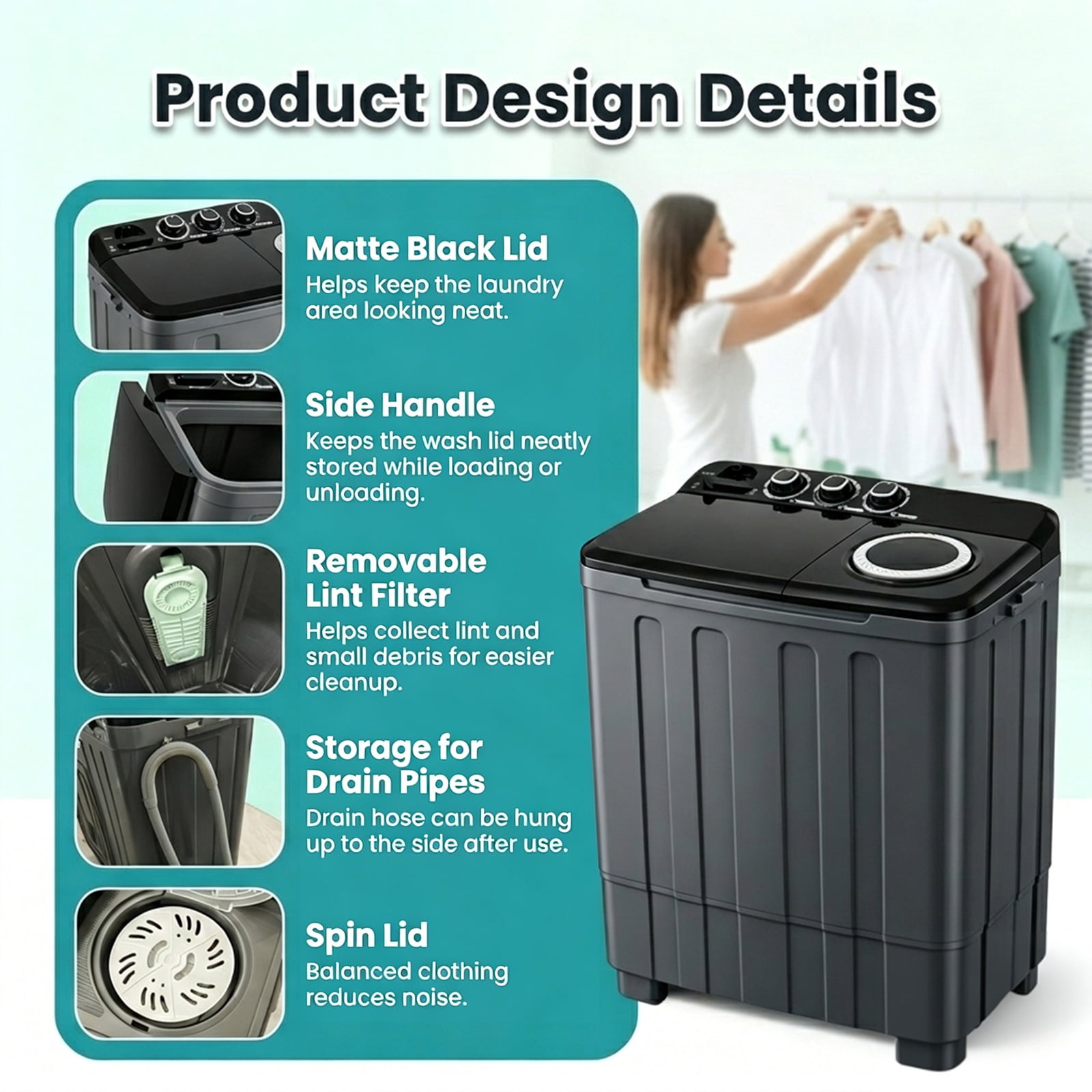 Portable Washing Machine, 30lbs Twin Tub Washer Compact Laundry Machine with Drain Pump,Compact Washer for Home Dorm Apartment,Black