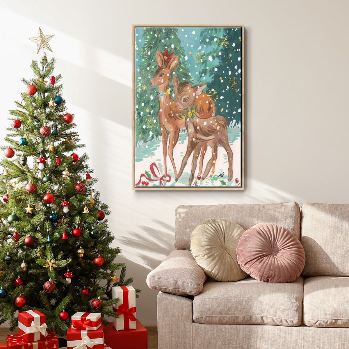 Doe and Fawn I - Framed Gallery Wrapped Holiday Canvas - 25 x 37 - Natural Wood Frame