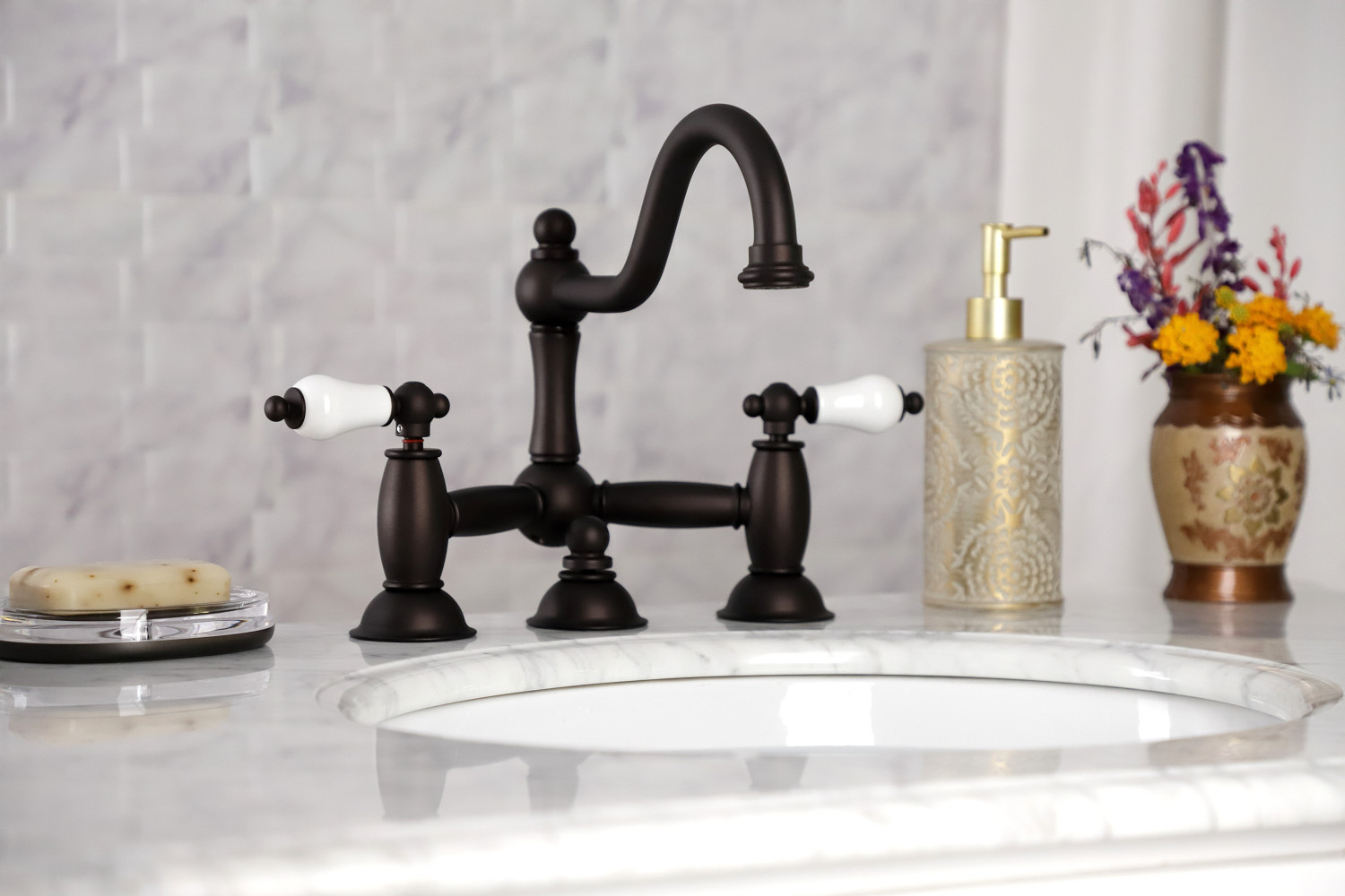 Kingston Brass KS3915PL Restoration Bathroom Standard Mount Bridge Faucet, Oil Rubbed Bronze
