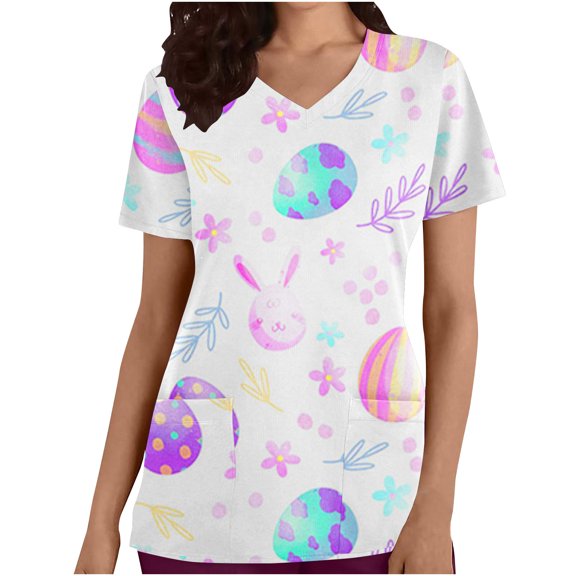 Up to 65% off Pitauce Easter Scrubs Tops for Women Cute Eggs Printed V Neck Short Sleeve Shirts Summer Nursing Working Uniform Tops with Pocket on Clearance