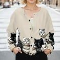 thumbnail image 2 of Wang6 Women Oversize Cardigans Jacket Trendy Long Sleeve Lightweight Button down Coat Fall Open Front Cute Cat Printed Outwear Tops Beige XL, 2 of 6