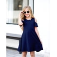 thumbnail image 3 of Arshiner Girls Summer Dress Short Sleeve Cold Shoulder Solid Color Swing Casual Dresses with Pockets, 3 of 6
