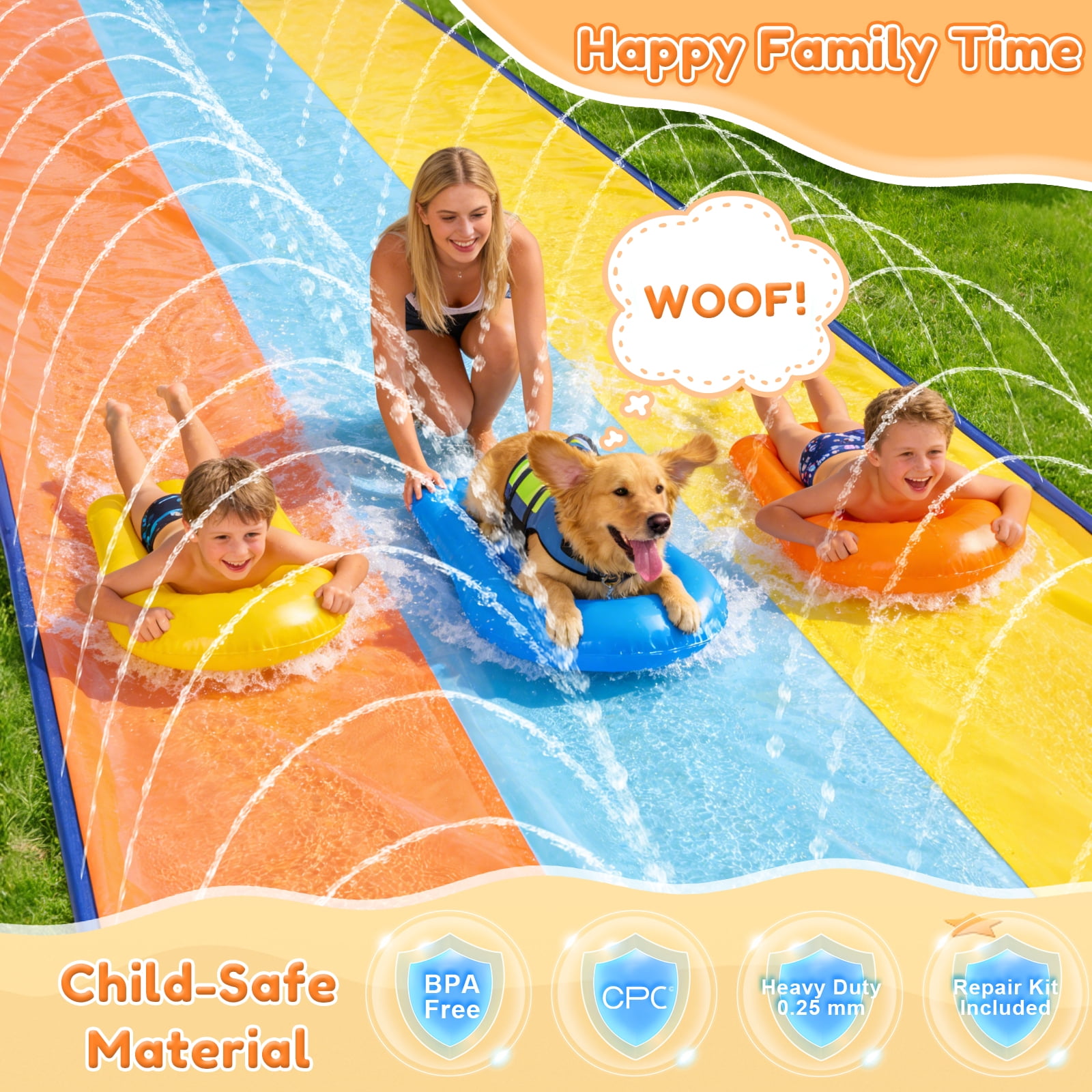 Teblint 22.3FT Triple Lawn Water Slides, Heavy Duty Water Slip Splash Pad with Built in Sprinkler & 3 Bodyboards for Backyard Outdoor Water Fun Toys for Kids Adults