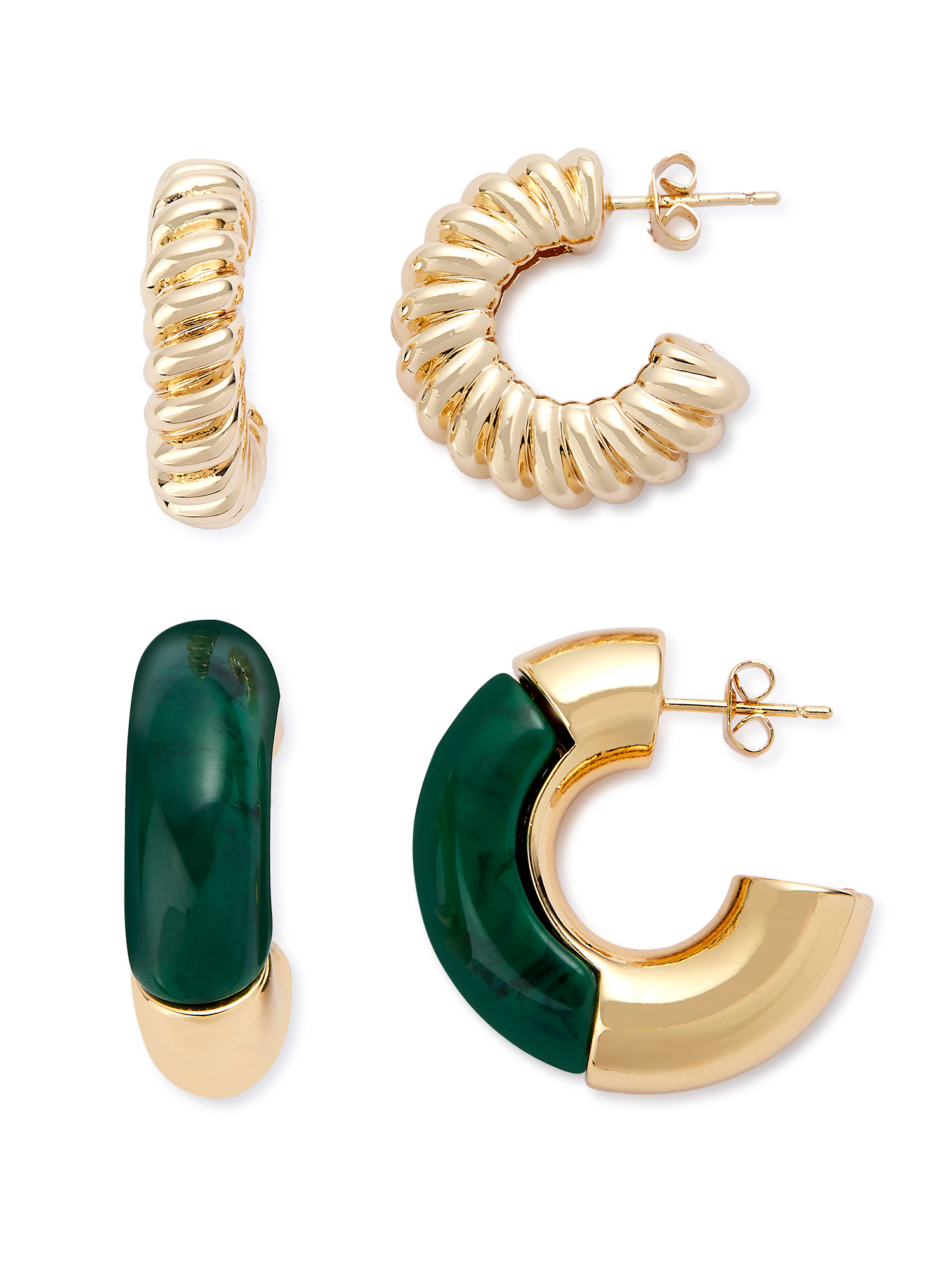 Scoop Women’s Green Resin Hoop Earrings in 14KT Flash Plated Gold, 2-Piece Set