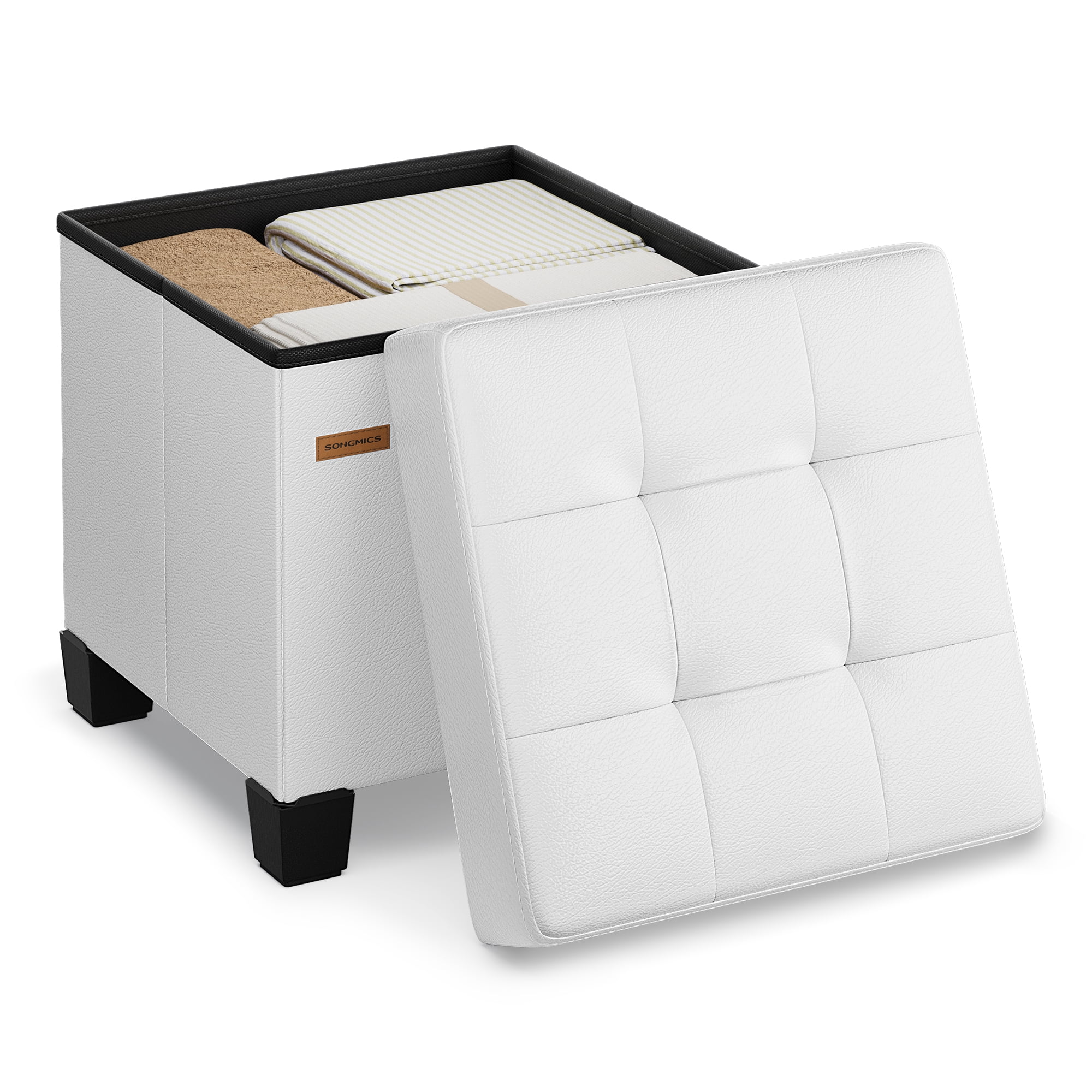 SONGMICS 15x15x15.7-Inch Cube Storage Ottoman with Legs. 10 Gal (37 L) Capacity. Synthetic Leather Footstool/Footrest.Cloud White