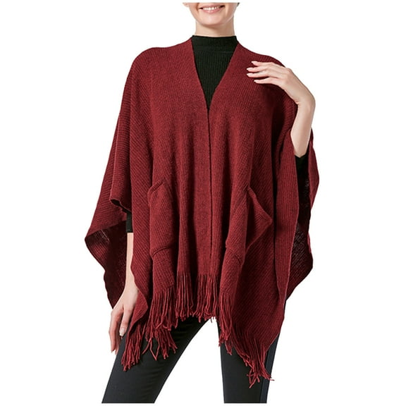 Brglopf Women Wrap Shawl Solid Color Poncho Cape Open Front Cardigan Tassel Knitting Sweate Trendy Warm Winter Cloak with Pockets