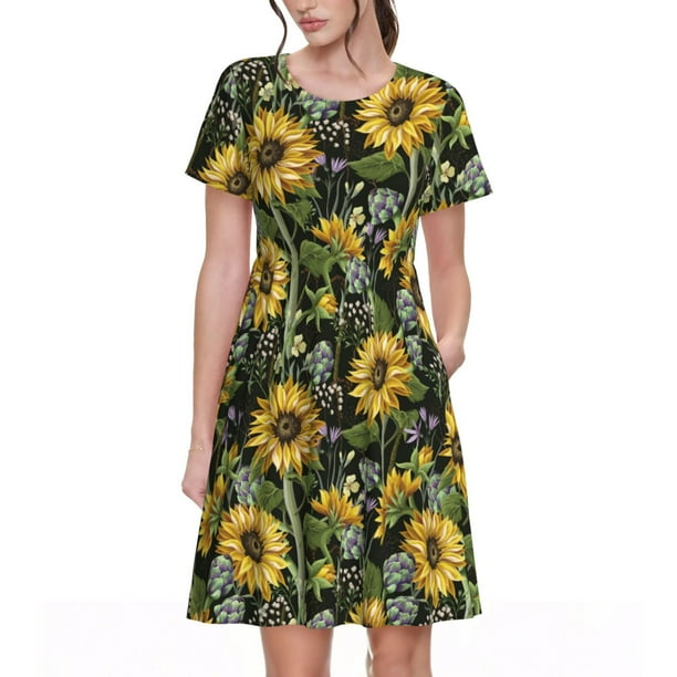 Fotbe Sunflowers Vestido Largo de Moda para Mujer, Vestido Tipo Camiseta con Manga Corta y Estilo Casual a Rayas y Bloques de Color