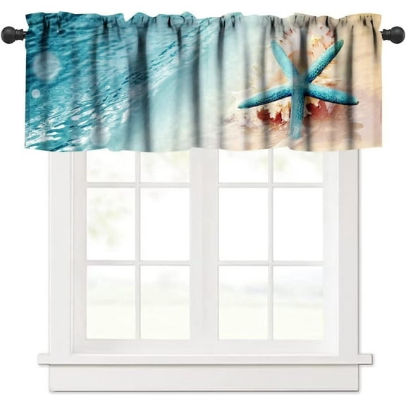 Coastal Ocean Valance Curtain for Kitchen, Summer Tropical Sand Beach Starfish Shells Blackout Short Windows Treatment for Bathroom Bedroom Cafe, 54x18in
