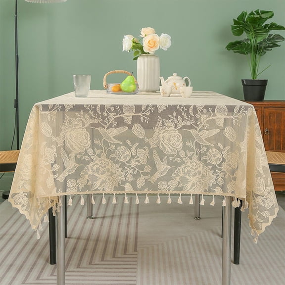 Tunhigl Ruffle Lace Rectangle Tablecloth Dustproof Waterproof Farmhouse Decorative Dining Table Cloth for Home Decor and Events Beige