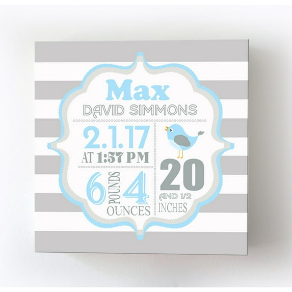 Personalized Canvas Birth Announcement Nursery Decor Gift, Lovebird Design, Custom Name, Date, Weight & Length, Unique Boys & Girls Baby Shower Wall Art Presents, Color Gray # 4, Size - 30x30