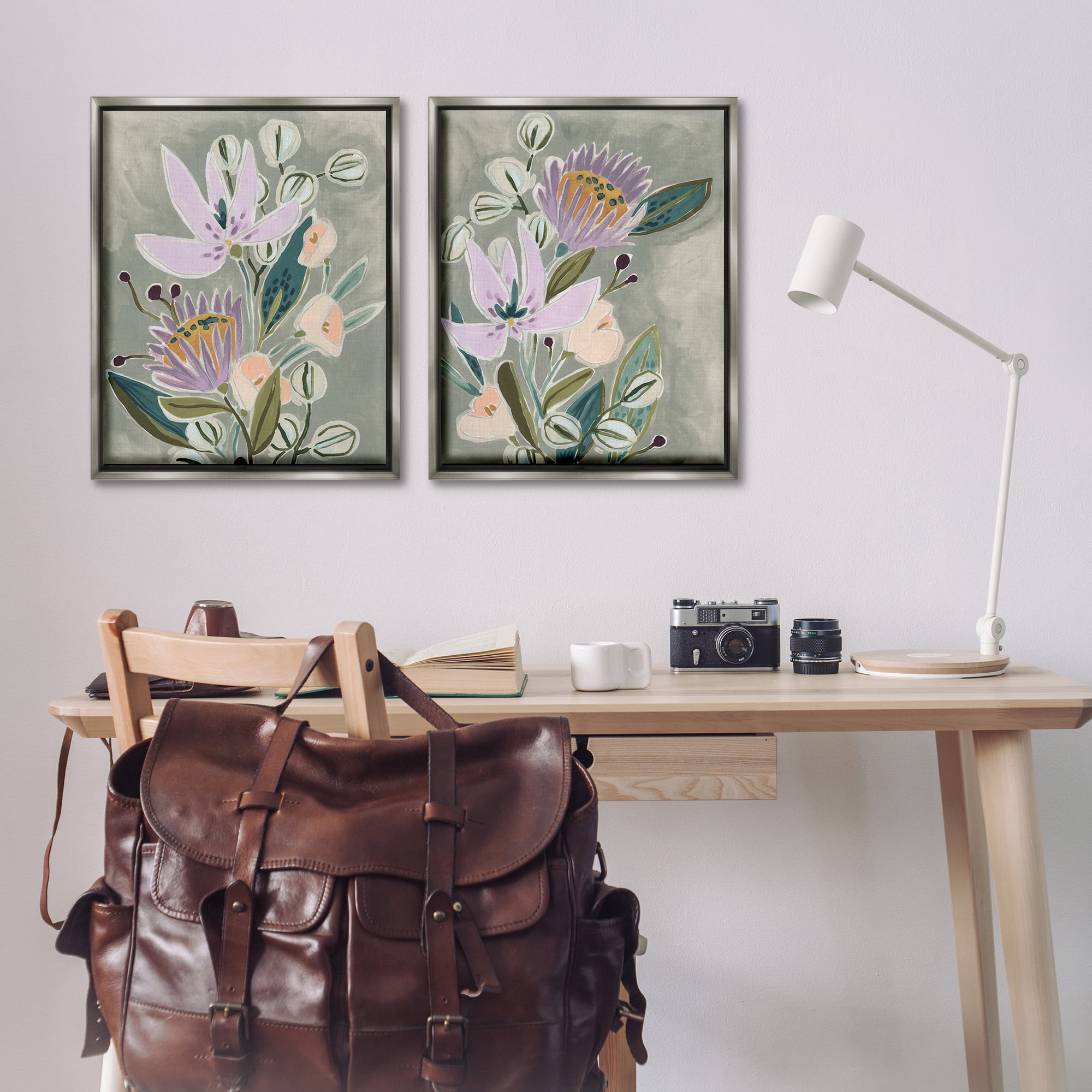Stupell Industries Abstract Purple Floral Arrangement Botanical & Floral Painting Gray Floater Framed Canvas Art Print Wall Art, 25 x 31, Set of 2