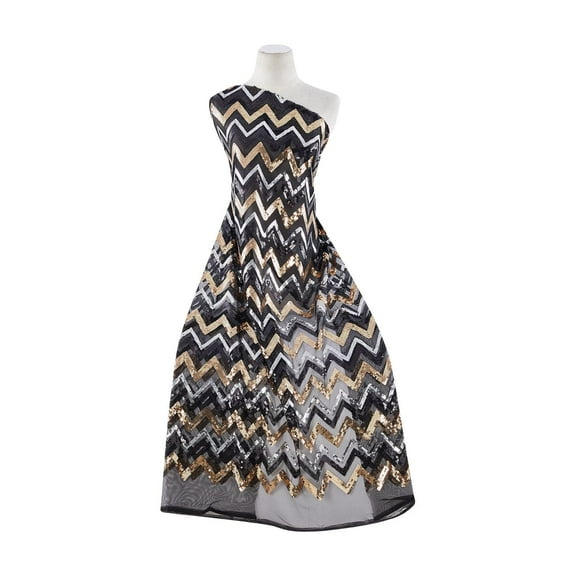 Zelouf Varigated Zig Zag Sequins On Tulle  , Sewing, DIY, Crafts Fabric by the Yard, Black/sil/gold, 3 Yard