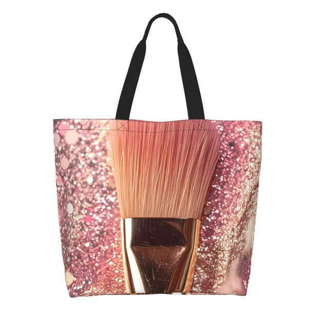 Easygdp Makeup Brush on Pink Glitter Bolsas Tote para Mujer, Bolsos de Hombro para Viaje, Bolsos de Mano de Gran Capacidad para Compras y Trabajo