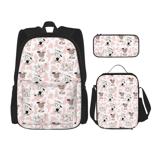 Fotbe Cute Cartoon Cows Set Escolar 3 en 1 para Niños - Mochila Duradera con Lonchera Aislante y Estuche para Lápices - Mochila Escolar para Niños y Niñas