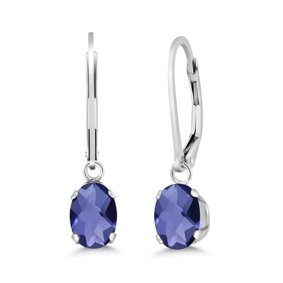 Gem Stone King 925 Sterling Silver Blue Iolite Dangle Leverback Earrings for Women (1.30 Cttw, Gemstone Birthstone, Oval Checkerboard 7X5MM)