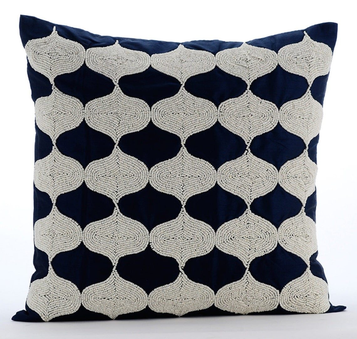 Pillow Case Custom, Navy Blue Pillow Shams, Beaded Lattice Trellis