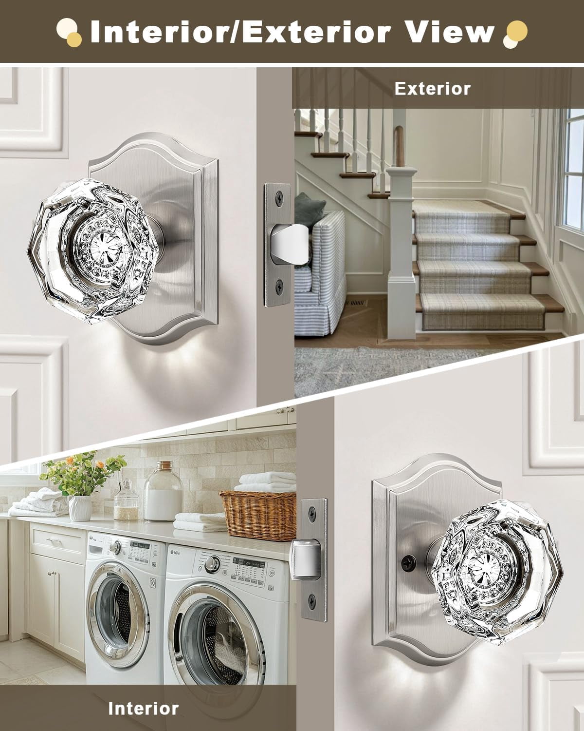 --2 Pack Clear Crystal Door Knobs,Diamond Glass Passage Door Handle Knob for Closet Hallway,Antique Keyless Interior Door Locks with Satin Nickel Rosette